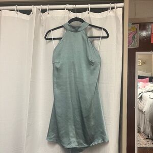 Zinnia party dress: Sage high neck dress with bow on the back